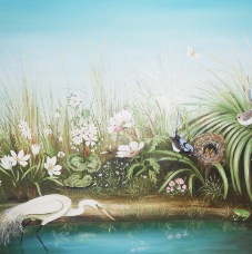 Egret beside pond with flowers